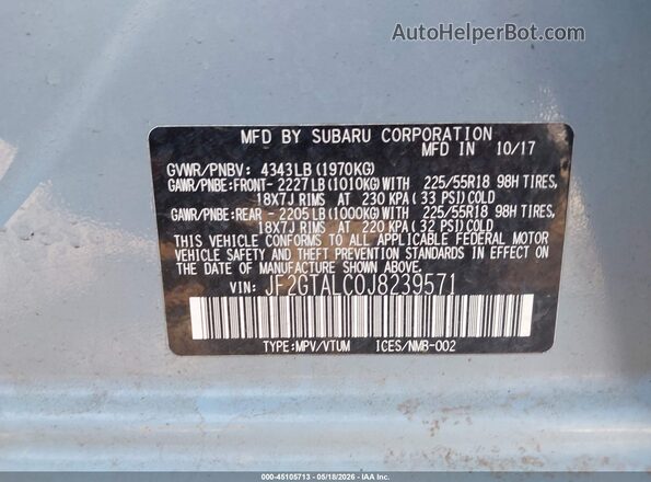 JF2GTALC0J8239571 2018 SUBARU CROSSTREK Light Blue Вид подкапотного пространства