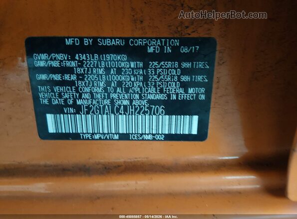 JF2GTALC4JH225706 2018 SUBARU CROSSTREK Оранжевый Вид подкапотного пространства