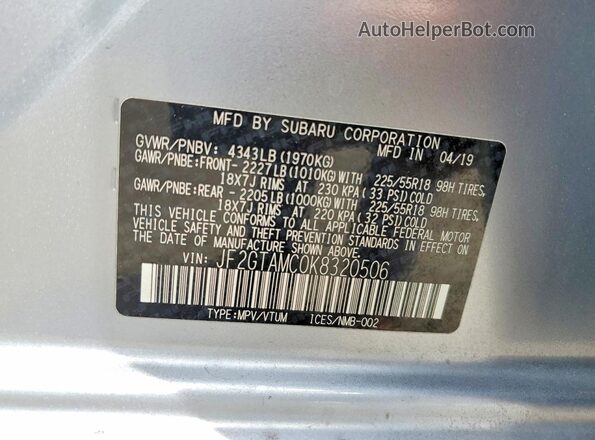 JF2GTAMC0K8320506 2019 SUBARU CROSSTREK Silver VIN կոդի պիտակի տեսք