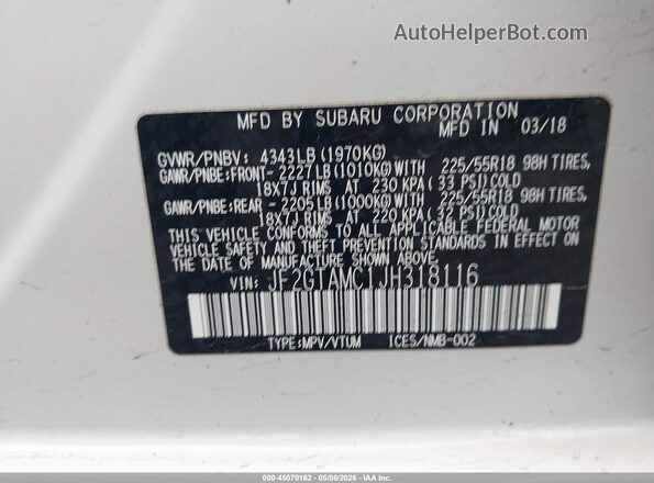 JF2GTAMC1JH318116 2018 SUBARU CROSSTREK Белый Вид подкапотного пространства