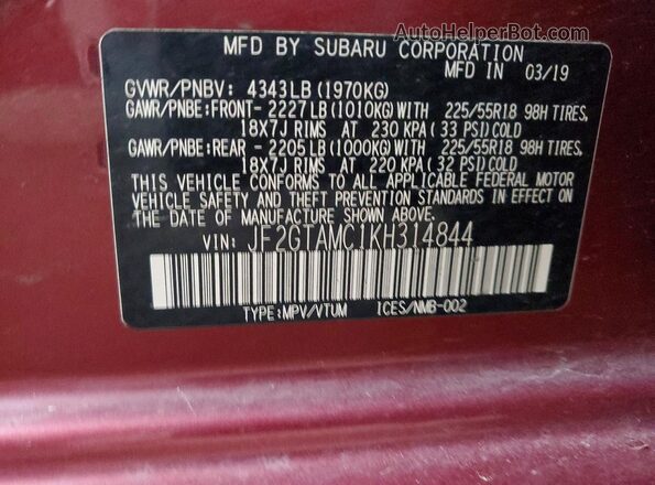 JF2GTAMC1KH314844 2019 SUBARU CROSSTREK Burgundy Вид підкапотного простору