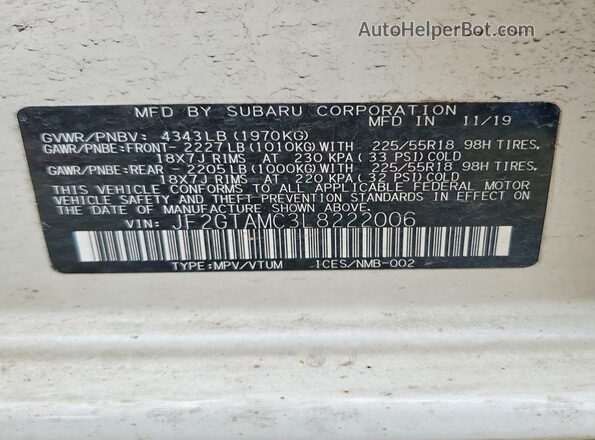 JF2GTAMC3L8222006 2020 SUBARU CROSSTREK Белый Вид наклейки с VIN-кодом