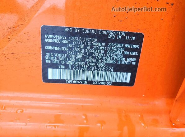 JF2GTAMC4K8266224 2019 SUBARU CROSSTREK Orange Вид наклейки з VIN-кодом