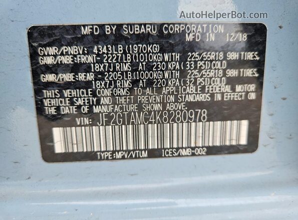 JF2GTAMC4K8280978 2019 SUBARU CROSSTREK Blue Շարժիչի բաժամունքի տեսք