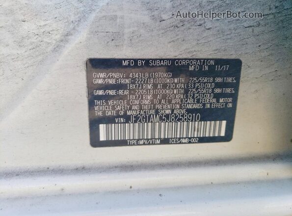 JF2GTAMC5J8258910 2018 SUBARU CROSSTREK White Widok naklejki z numerem VIN