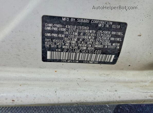JF2GTAMC5KH301448 2019 SUBARU CROSSTREK White ძრავის განყოფილების ხედი