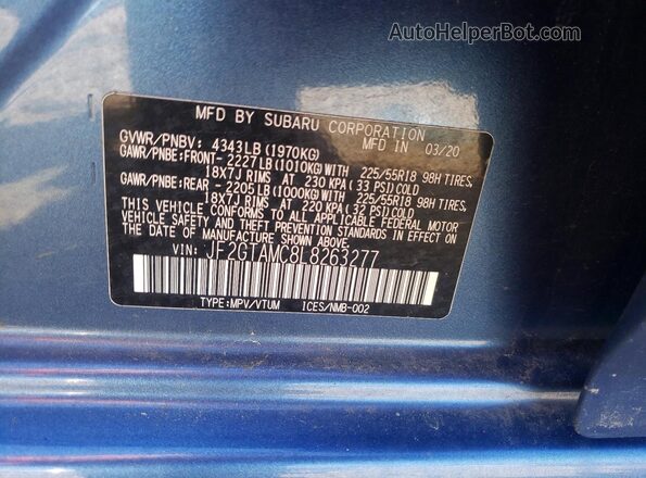 JF2GTAMC8L8263277 2020 SUBARU CROSSTREK Синий Панорамный вид салона 360°
