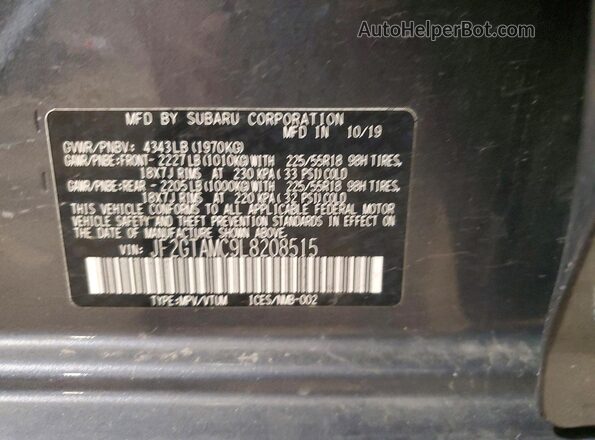 JF2GTAMC9L8208515 2020 SUBARU CROSSTREK Gray 360 interior view
