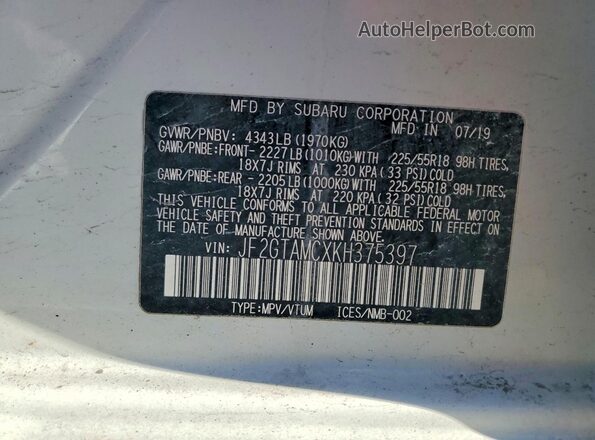 JF2GTAMCXKH375397 2019 SUBARU CROSSTREK Белый Вид наклейки с VIN-кодом
