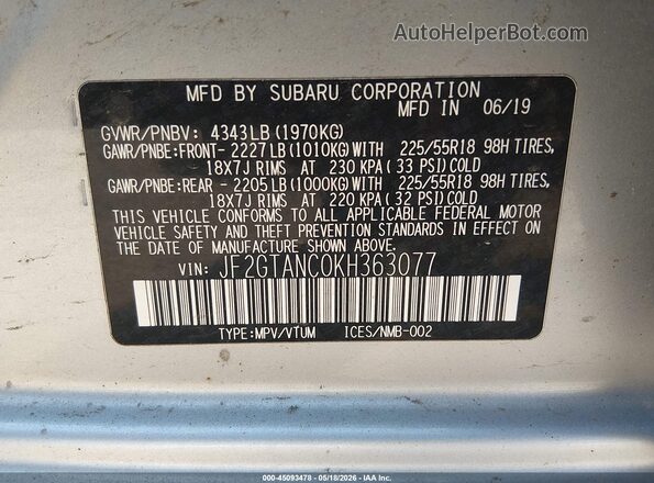 JF2GTANC0KH363077 2019 SUBARU CROSSTREK Silver Vista del compartimento del motor