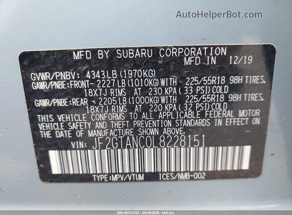 JF2GTANC0L8228151 2020 SUBARU CROSSTREK Gray Vista del compartimento del motor