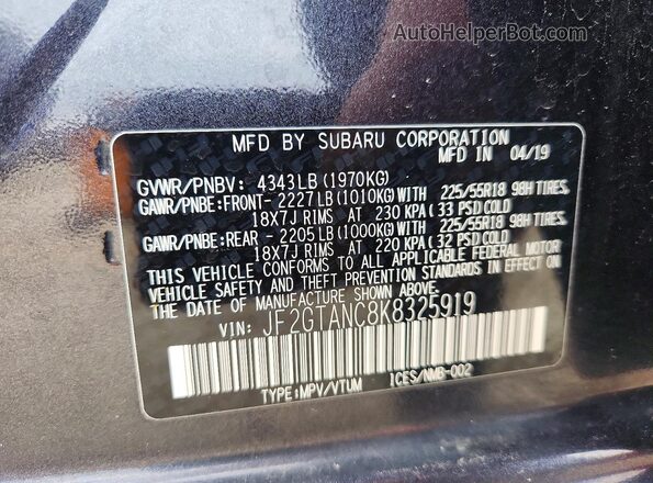 JF2GTANC8K8325919 2019 SUBARU CROSSTREK Черный Вид наклейки с VIN-кодом
