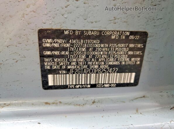 JF2GTAPC0P8252422 2023 SUBARU CROSSTREK Blue Vista de la etiqueta del VIN