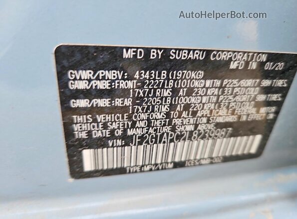JF2GTAPC2L8239987 2020 SUBARU CROSSTREK Синий Вид подкапотного пространства