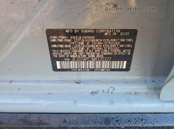 JF2GTAPC2M8320327 2021 SUBARU CROSSTREK Blue Вид наклейки з VIN-кодом