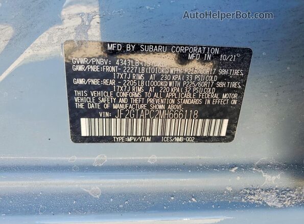 JF2GTAPC2MH666118 2021 SUBARU CROSSTREK Blue Engine compartment view