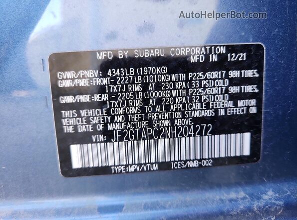 JF2GTAPC2NH204272 2022 SUBARU CROSSTREK Синий Панорамный вид салона 360°