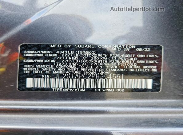 JF2GTAPC2PH254561 2023 SUBARU CROSSTREK Gray Vista de la etiqueta del VIN