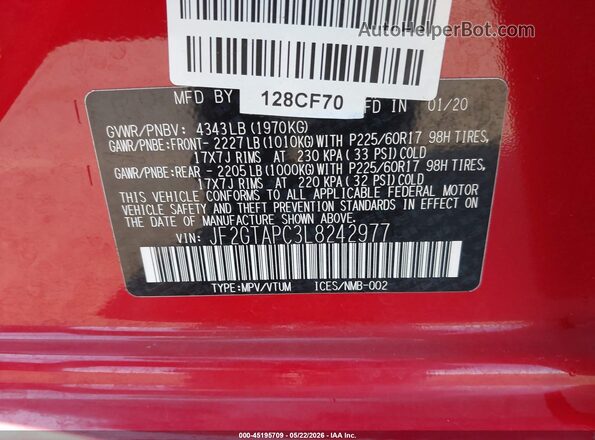 JF2GTAPC3L8242977 2020 SUBARU CROSSTREK Red Vista del compartimento del motor