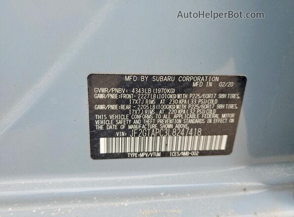 JF2GTAPC3L8247418 2020 SUBARU CROSSTREK Синий Вид наклейки с VIN-кодом