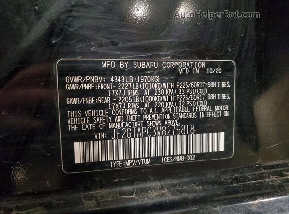 JF2GTAPC3M8275818 2021 SUBARU CROSSTREK Black Вид наклейки з VIN-кодом