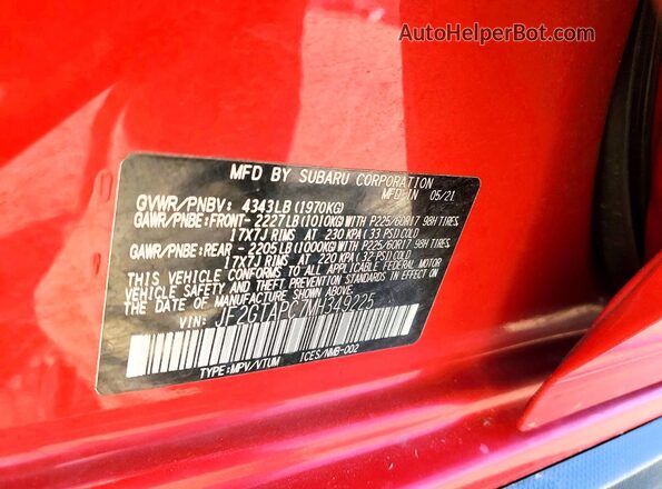 JF2GTAPC7MH349225 2021 SUBARU CROSSTREK Красный Вид наклейки с VIN-кодом