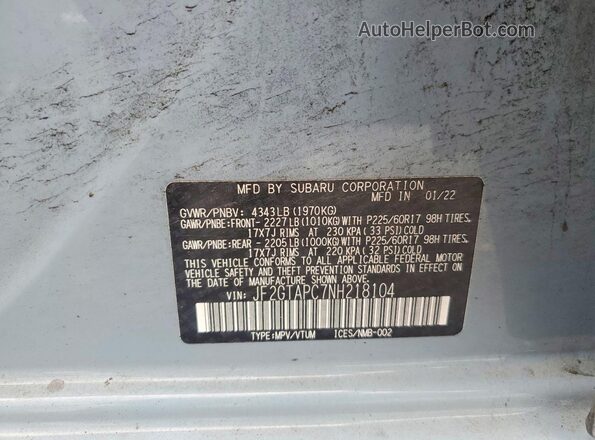 JF2GTAPC7NH218104 2022 SUBARU CROSSTREK Blue Widok naklejki z numerem VIN
