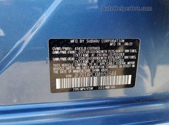 JF2GTAPCXMH651544 2021 SUBARU CROSSTREK Blue Vista del compartimento del motor
