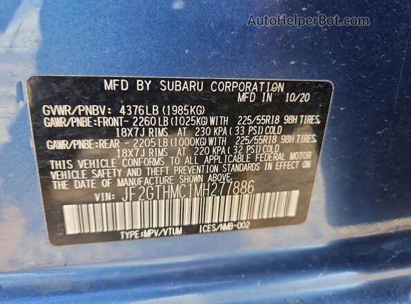 JF2GTHMC1MH277886 2021 SUBARU CROSSTREK Blue Вид наклейки з VIN-кодом