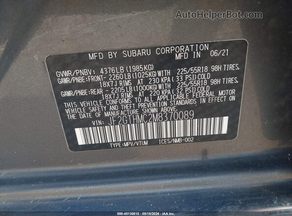 JF2GTHMC2M8370089 2021 SUBARU CROSSTREK Серый Вид подкапотного пространства