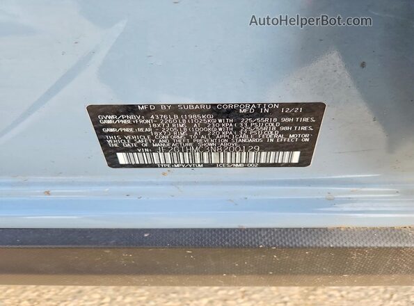 JF2GTHMC3N8200129 2022 SUBARU CROSSTREK Blue Vista de la etiqueta del VIN