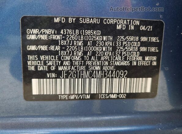 JF2GTHMC4MH344092 2021 SUBARU CROSSTREK Blue Widok komory silnika