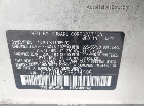 JF2GTHMC4P8274095 2023 SUBARU CROSSTREK White Vista del compartimento del motor