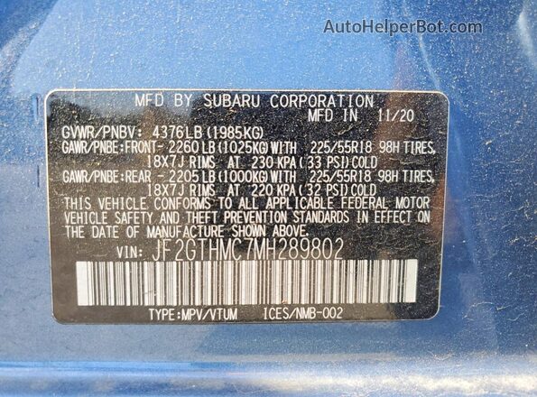 JF2GTHMC7MH289802 2021 SUBARU CROSSTREK Blue ძრავის განყოფილების ხედი