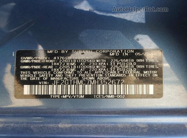JF2GTHMC7MH352672 2021 SUBARU CROSSTREK Blue VIN sticker view