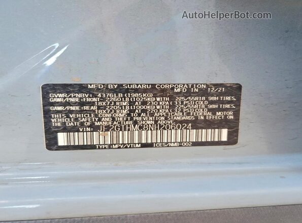 JF2GTHMC8NH206024 2022 SUBARU CROSSTREK Gray Вид наклейки з VIN-кодом
