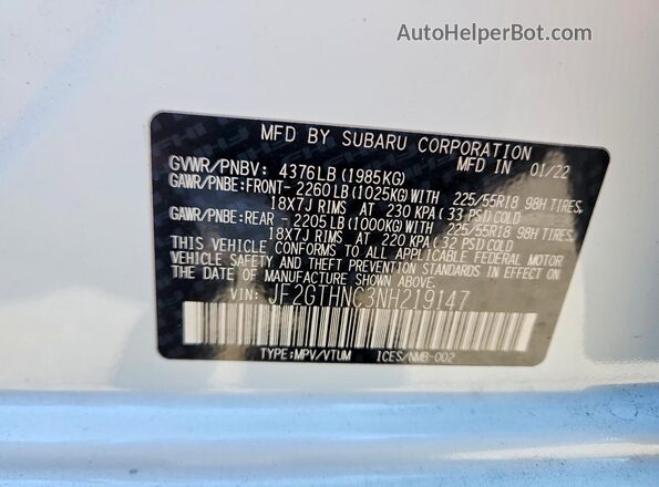 JF2GTHNC3NH219147 2022 SUBARU CROSSTREK White Vista de la etiqueta del VIN