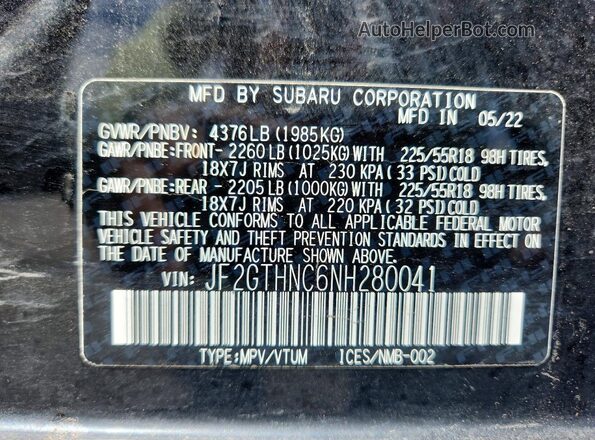 JF2GTHNC6NH280041 2022 SUBARU CROSSTREK Черный Вид подкапотного пространства