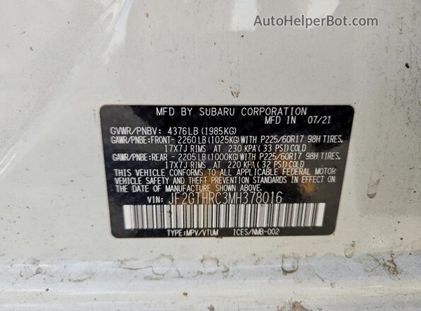 JF2GTHRC3MH378016 2021 SUBARU CROSSTREK White Вид підкапотного простору