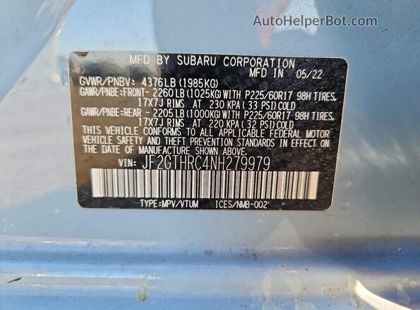 JF2GTHRC4NH279979 2022 SUBARU CROSSTREK Серый Вид наклейки с VIN-кодом