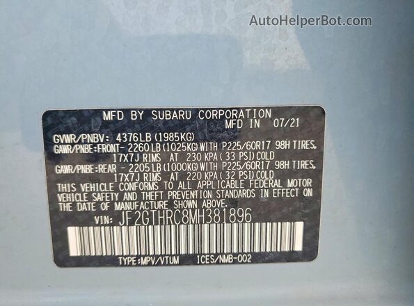 JF2GTHRC8MH381896 2021 SUBARU CROSSTREK Синий Панорамный вид салона 360°