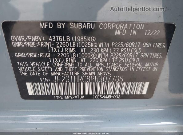 JF2GTHRC8PH307706 2023 SUBARU CROSSTREK Серый Вид подкапотного пространства