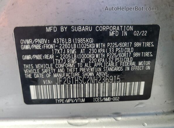 JF2GTHSC2NH236915 2022 SUBARU CROSSTREK Blue VIN კოდის სტიკერის ხედი