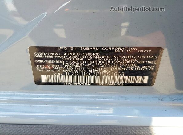 JF2GTHSC3PH251863 2023 SUBARU CROSSTREK Blue Vista de la etiqueta del VIN