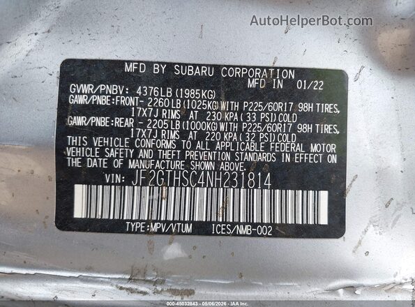 JF2GTHSC4NH231814 2022 SUBARU CROSSTREK Gray Widok komory silnika