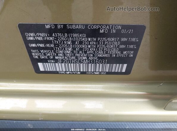 JF2GTHSC5MH316031 2021 SUBARU CROSSTREK Зеленый Вид подкапотного пространства