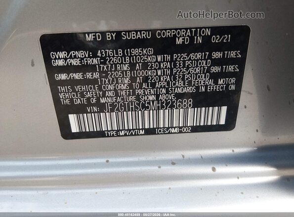 JF2GTHSC5MH323688 2021 SUBARU CROSSTREK Gray Շարժիչի բաժամունքի տեսք