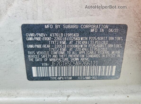 JF2GTHSC5NH266121 2022 SUBARU CROSSTREK White Widok naklejki z numerem VIN