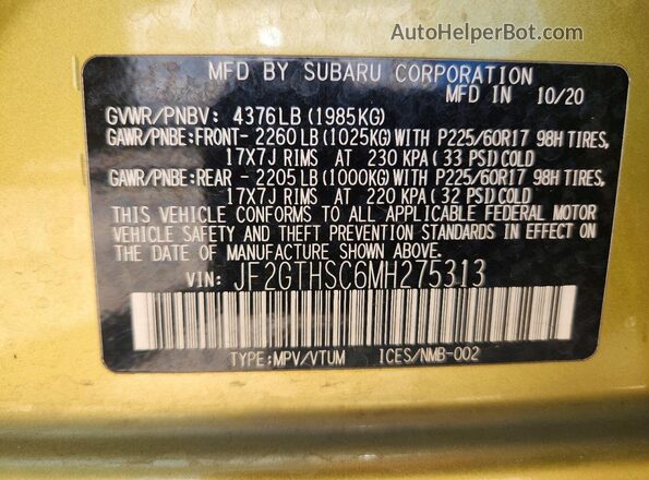 JF2GTHSC6MH275313 2021 SUBARU CROSSTREK Green Vista de la etiqueta del VIN