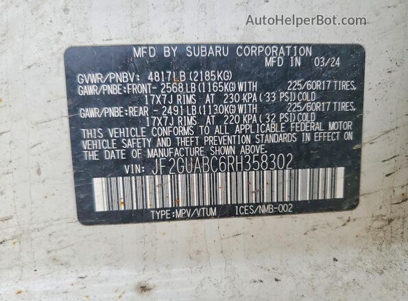 JF2GUABC6RH358302 2024 SUBARU CROSSTREK White VIN կոդի պիտակի տեսք